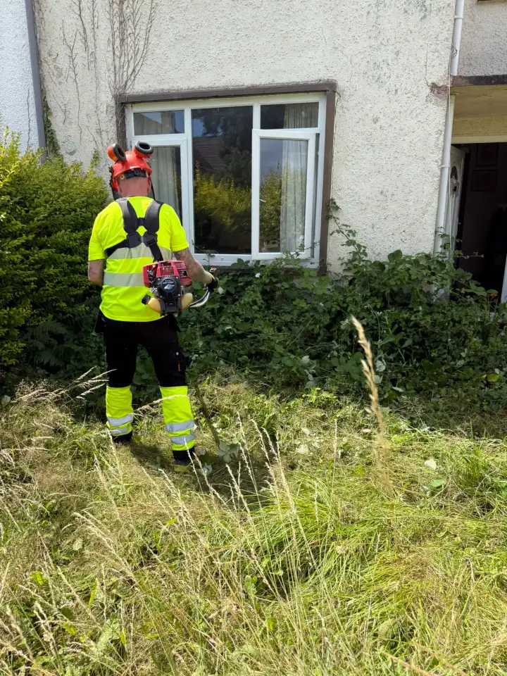 TJB team member strimming an overgrown front garden